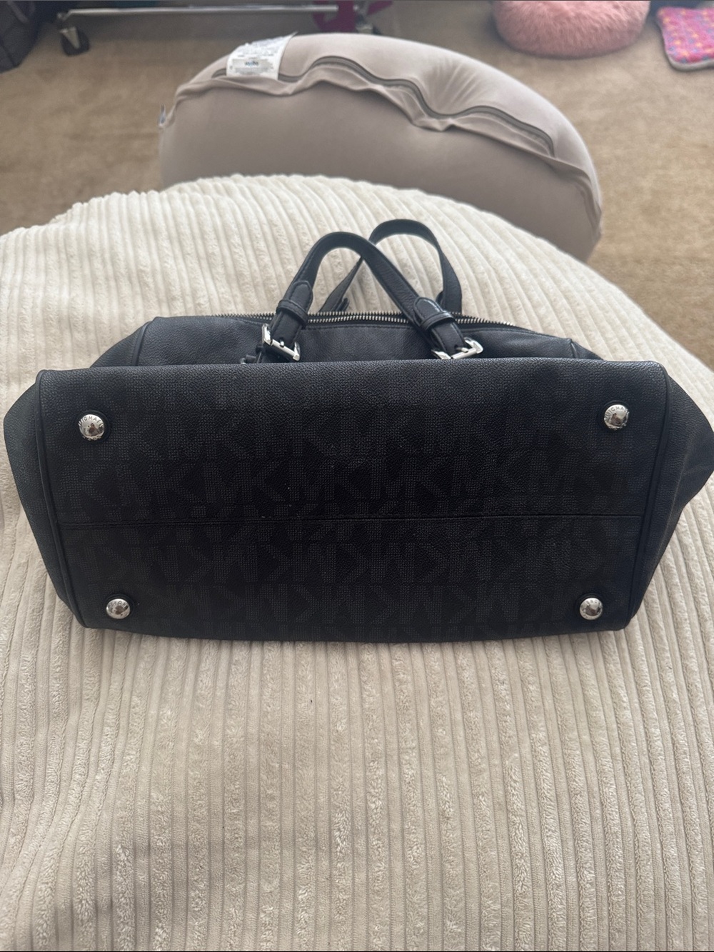Michael Kors Black MK Monogram Satchel with Silver Hardware